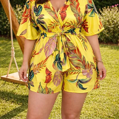 Combishort escalade tropicale rayon de soleil jaune et multicolore Femme taille 54 marque Ulla Popken 💍 